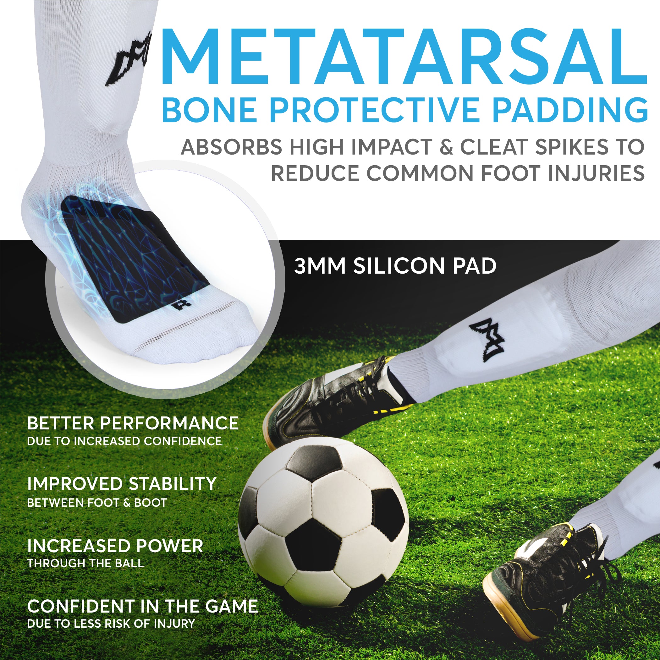 MediCaptain™ Ultimate TODO EN UNO Calcetín de fútbol con espinillera - Almohadilla metatarsiana - Tecnología de agarre antideslizante