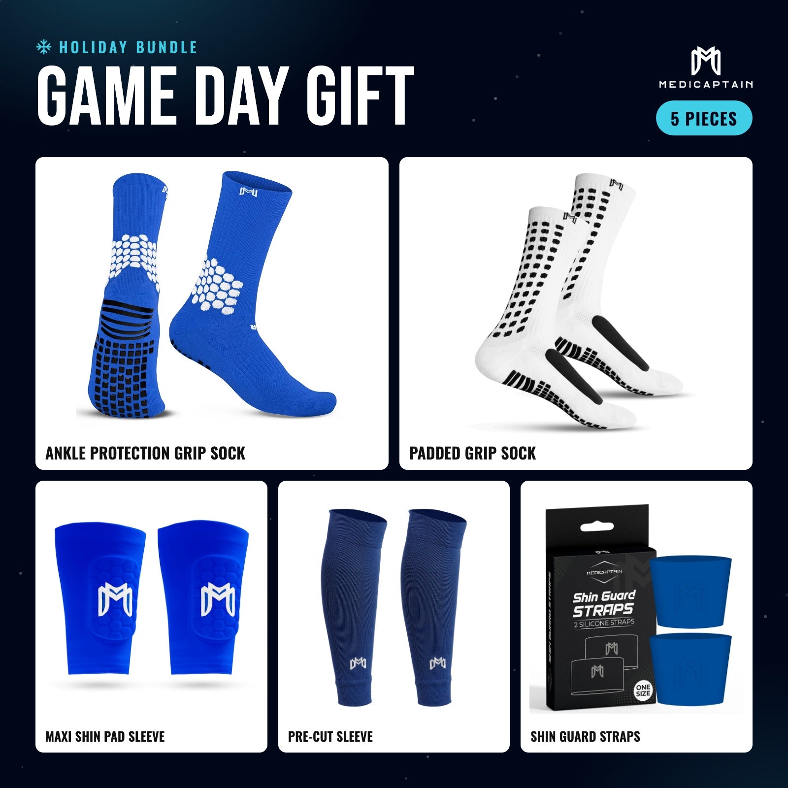 Holiday Game Day Gift bundle: blue ankle grip sock, white padded grip sock, blue maxi shin pad sleeve, navy pre-cut sleeve and blue straps