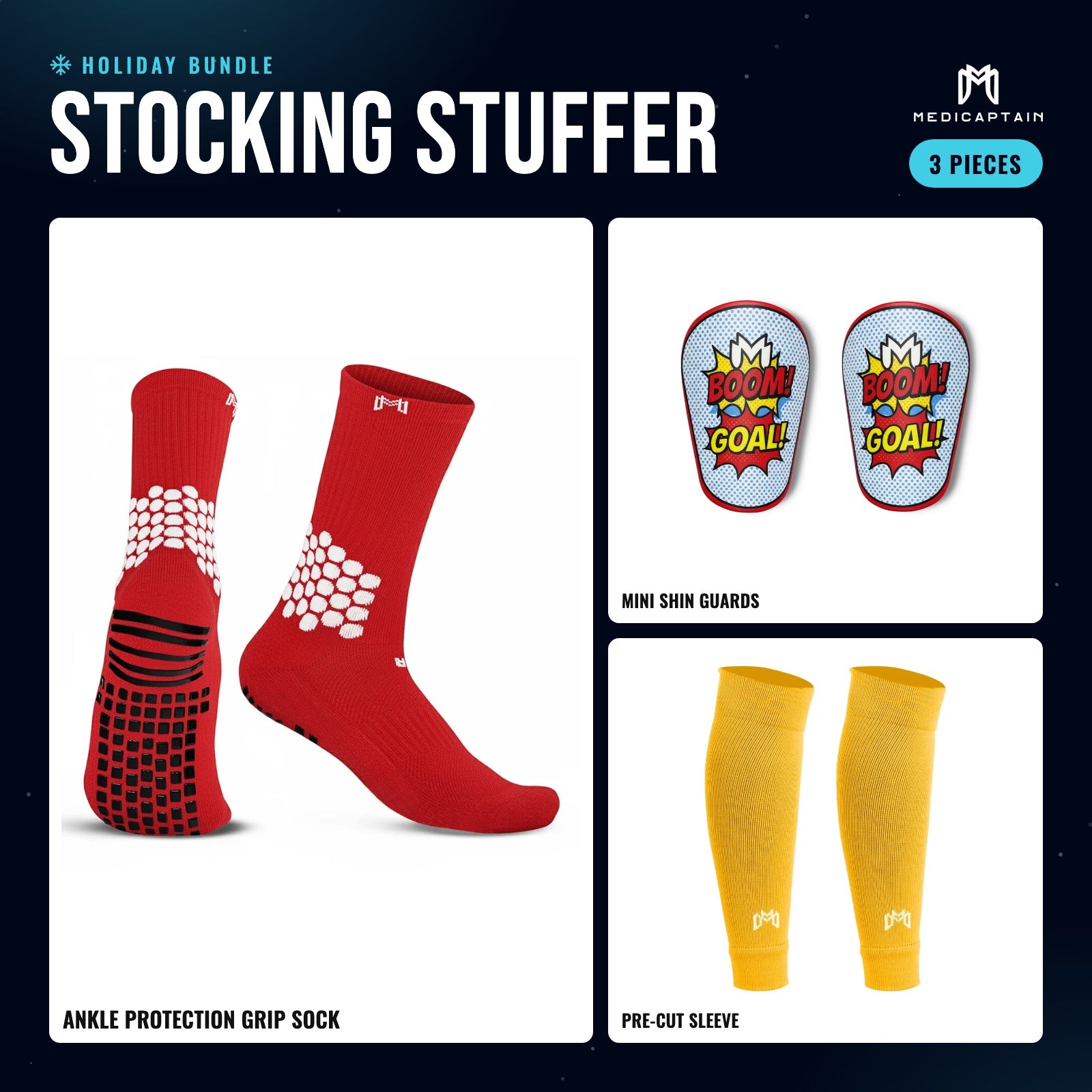 Holiday Stocking Stuffer bundle: red ankle protection grip sock, mini shin guards and yellow pre-cut sleeve