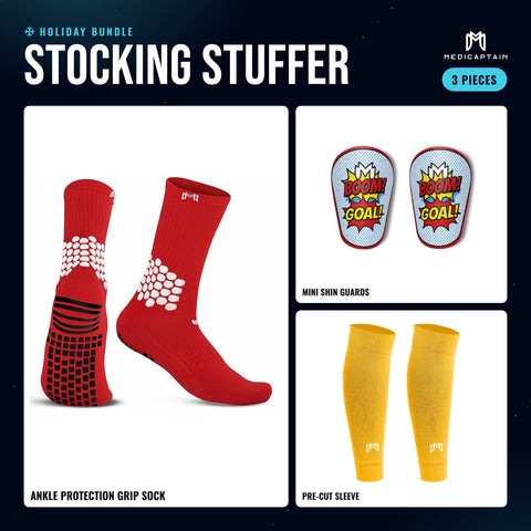 Holiday Stocking Stuffer bundle: red ankle protection grip sock, mini shin guards and yellow pre-cut sleeve